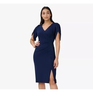 ADRIANNA PAPELL Navy Sheath Dress Women 4 Beaded Sleeve Crepe Slit Cinch V-Neck